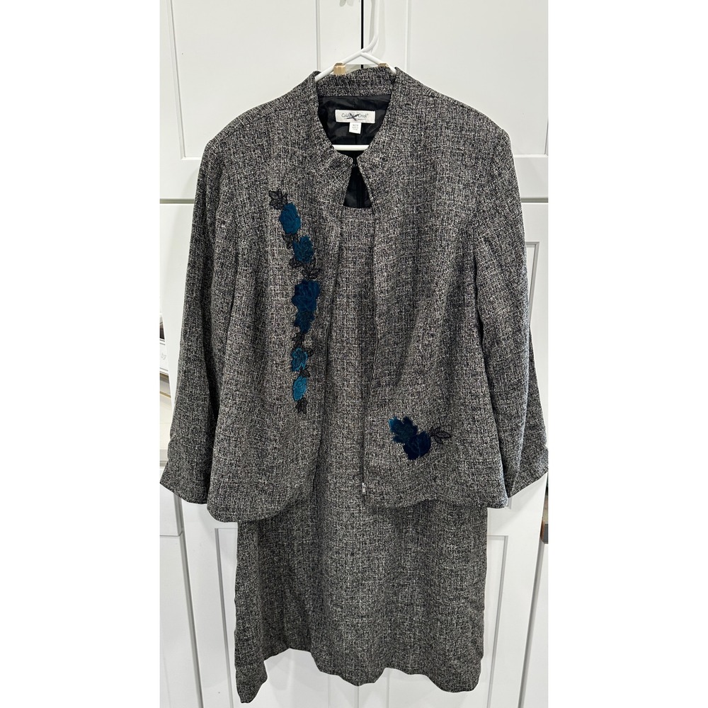 Coldwater Creek Womens W24 Grey Tweed Dress Jacket Set Blue Floral Embroidery